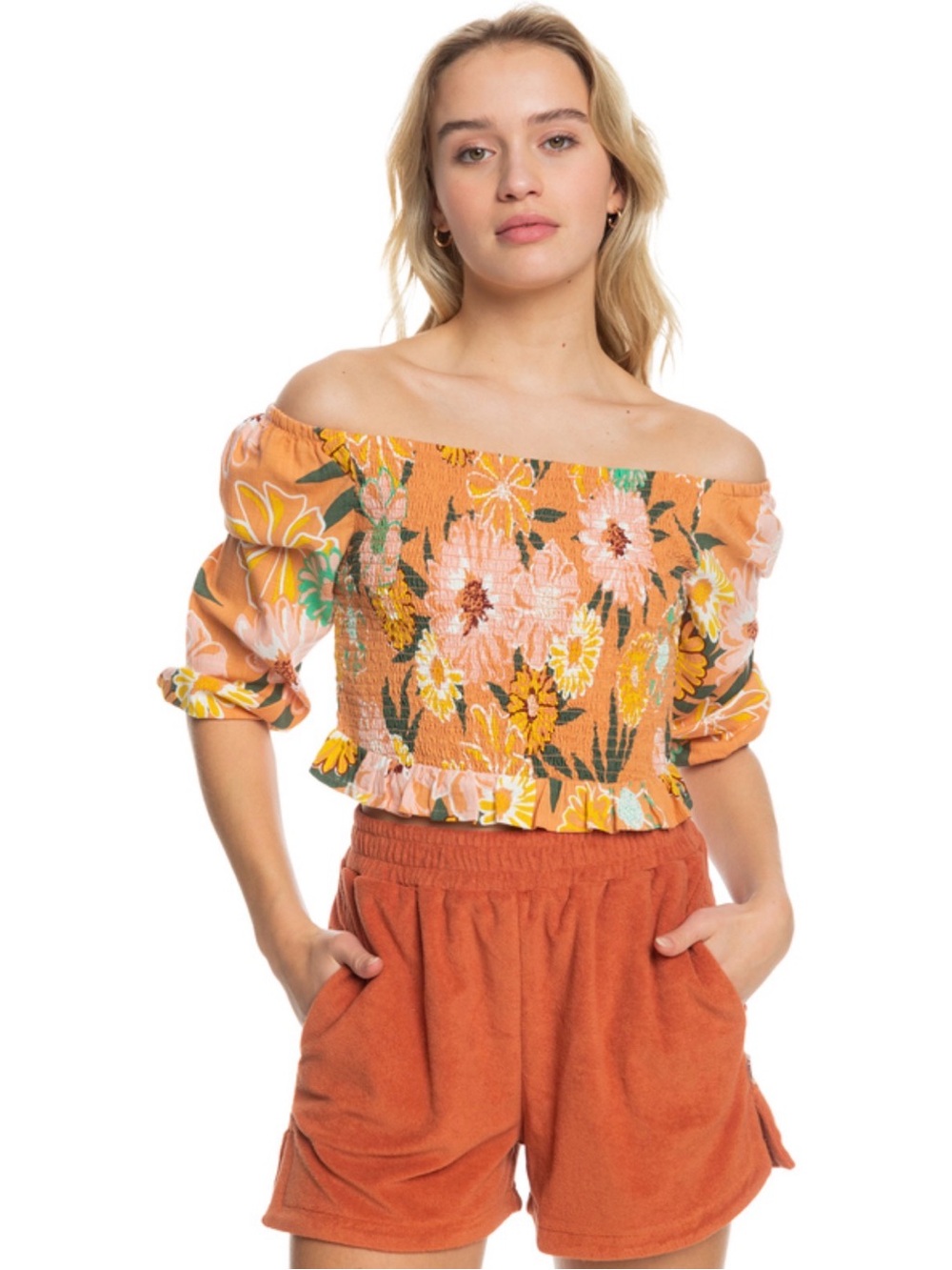 Roxy Like The Sun Again Floral Smocked Off Shoulder Top L NWT Boho